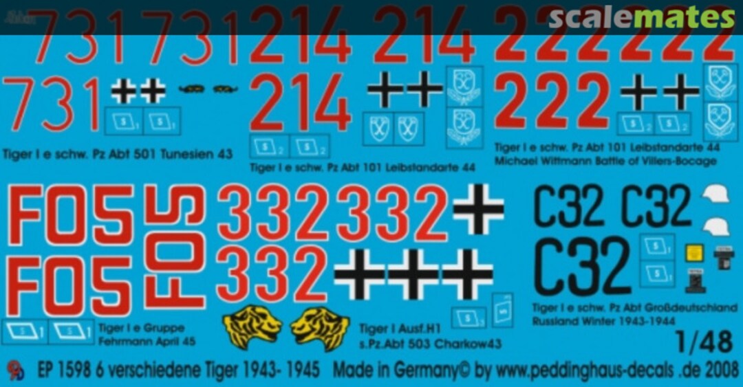 Boxart 6 verschiedene Tiger I, 1943-45 EP 1598 Peddinghaus-Decals