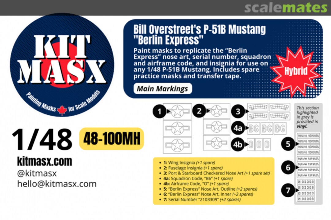 Boxart Bill Overstreet's P-51B Mustang 'Berlin Express', main markings masks 48-100MH Kit Masx