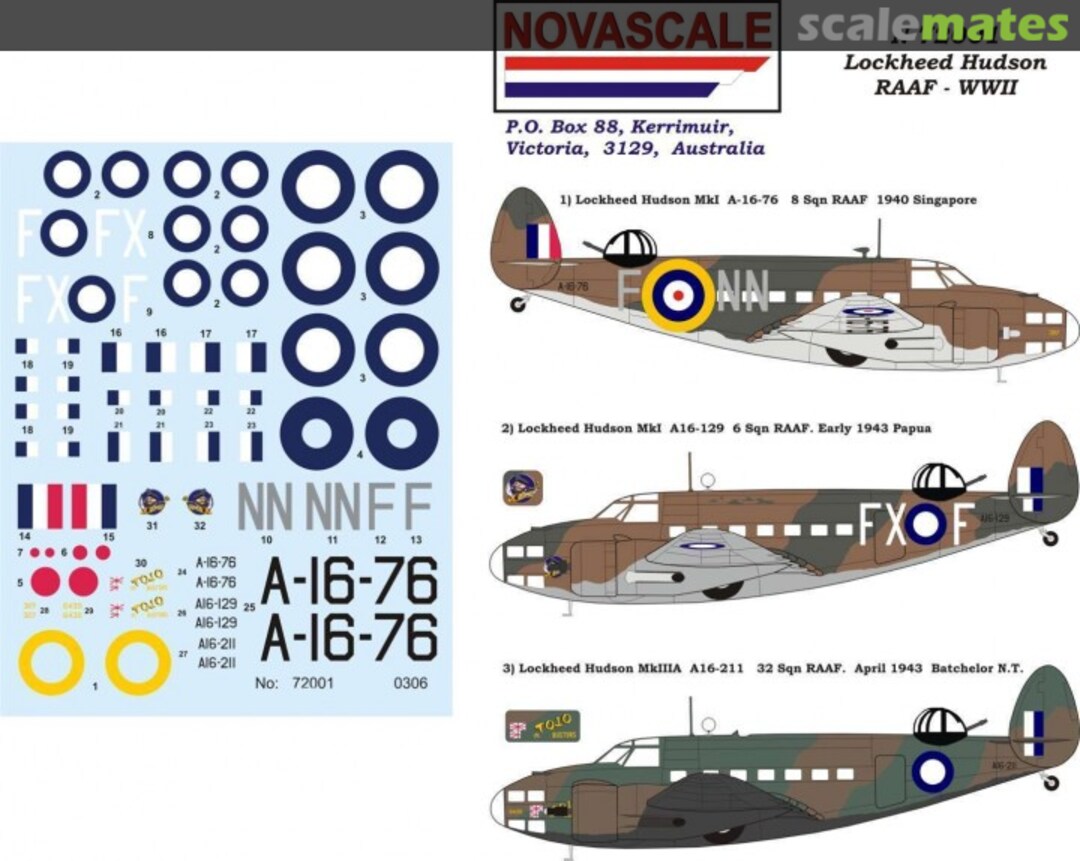 Boxart RAAF Lockheed Hudson Decals WWII N-72001 Novascale