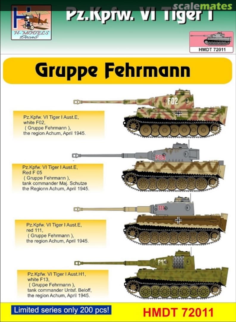 Boxart Pz.Kpfw.VI Tiger I Gruppe Fehrmann HMT72011 H-Models Decals