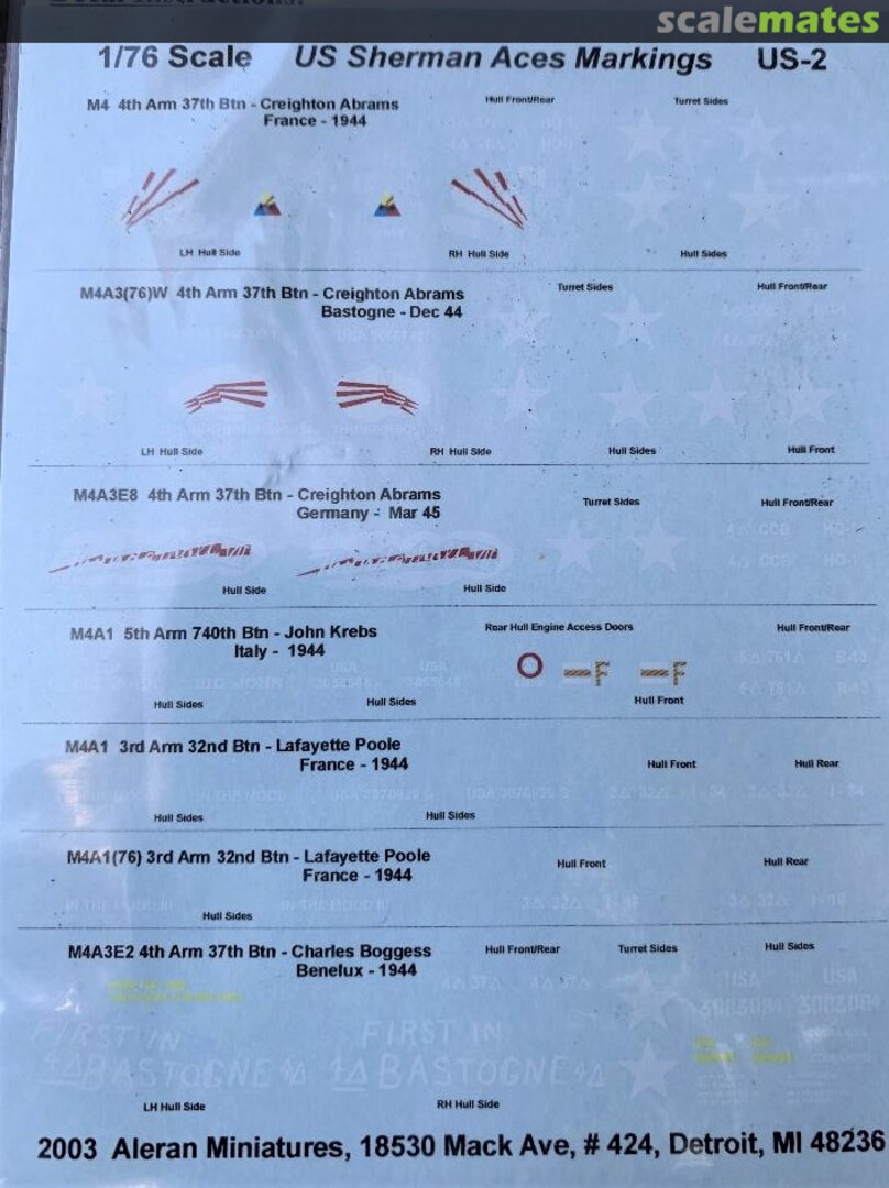 Boxart US M4 Sherman Aces Markings US-2 Aleran Miniatures