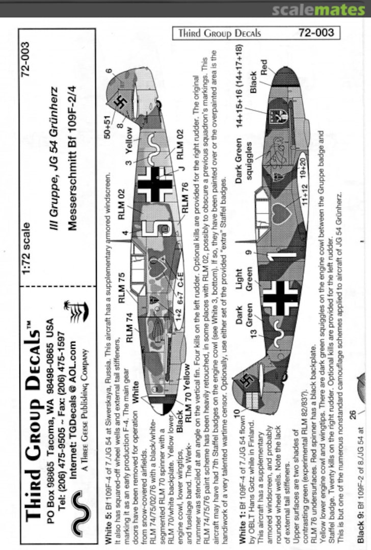 Contents Messerschmitt Bf 109 F-2/4 72-003 Third Group Decals