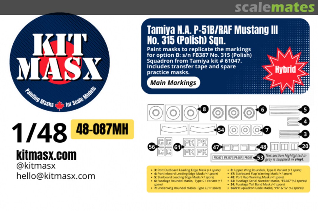 Boxart North American P-51B/RAF Mustang III 'No.315 (Polish) Squadron, main marking masks 48-087MH Kit Masx