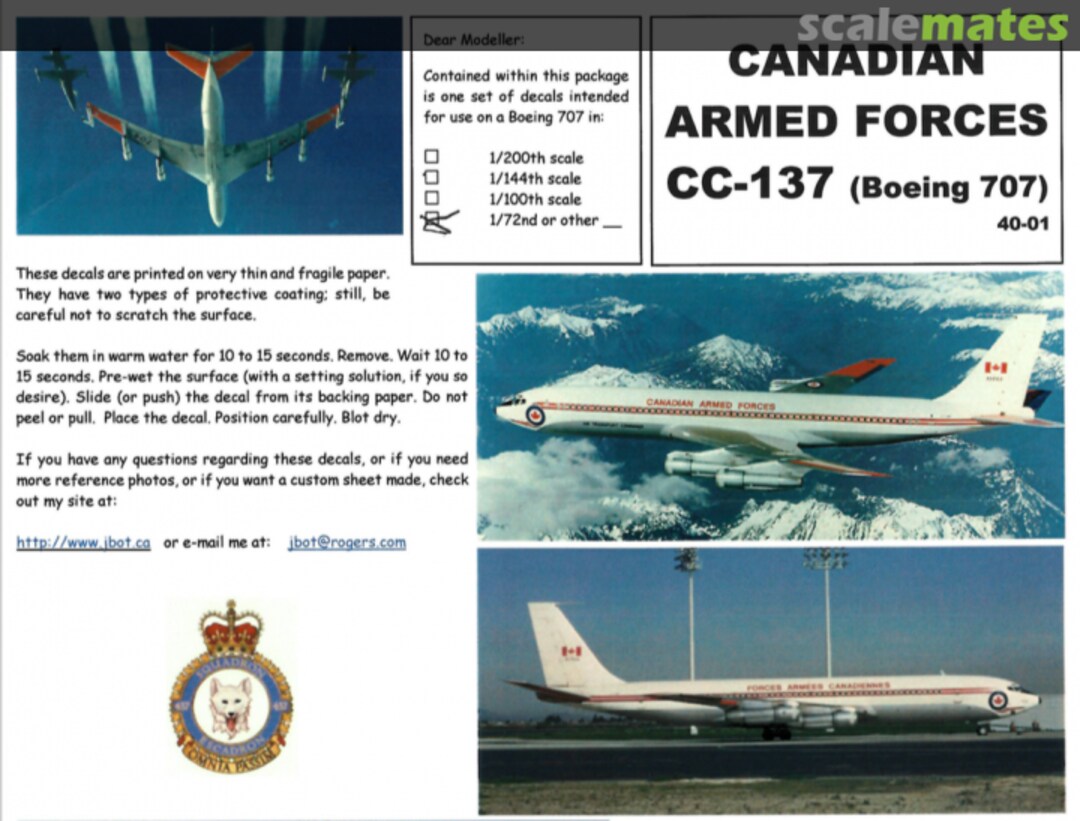 Boxart Canadian Armed Forces CC-137 (Boeing 707) 072-40-01 JBOT Decals