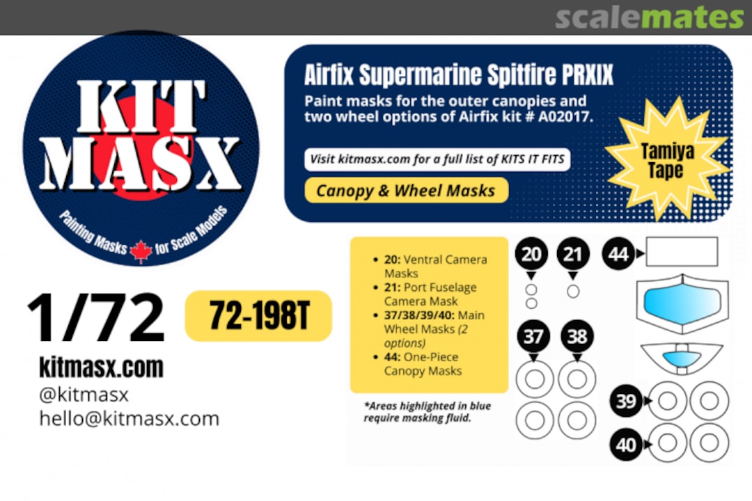 Boxart Supermarine Spitfire PRXIX, canopy & wheel masks 72-198T Kit Masx