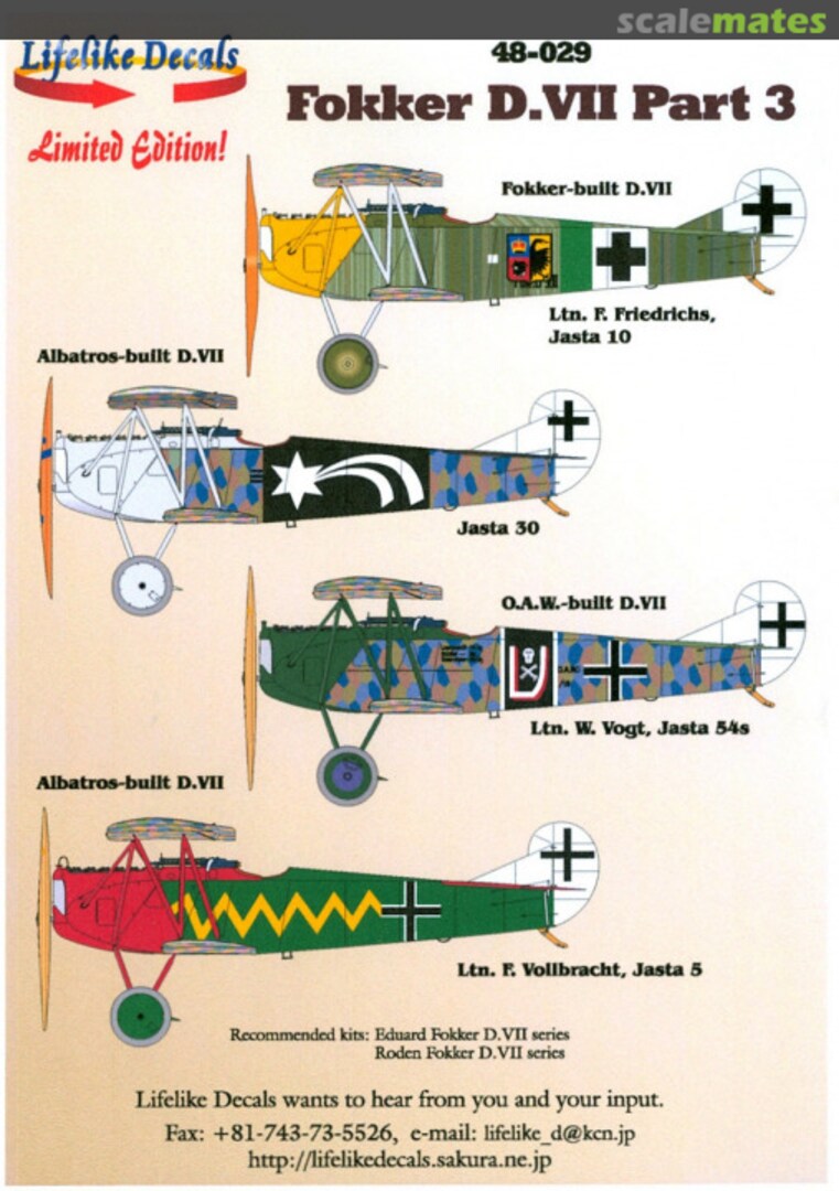 Boxart Fokker D.VII Part 3 48-029 Lifelike Decals