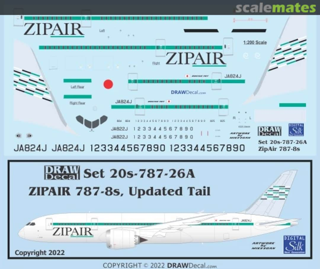 Boxart ZIPAIR Tokyo 787-8 Dreamliners, Updated Tail 20-787-26A Draw Decal