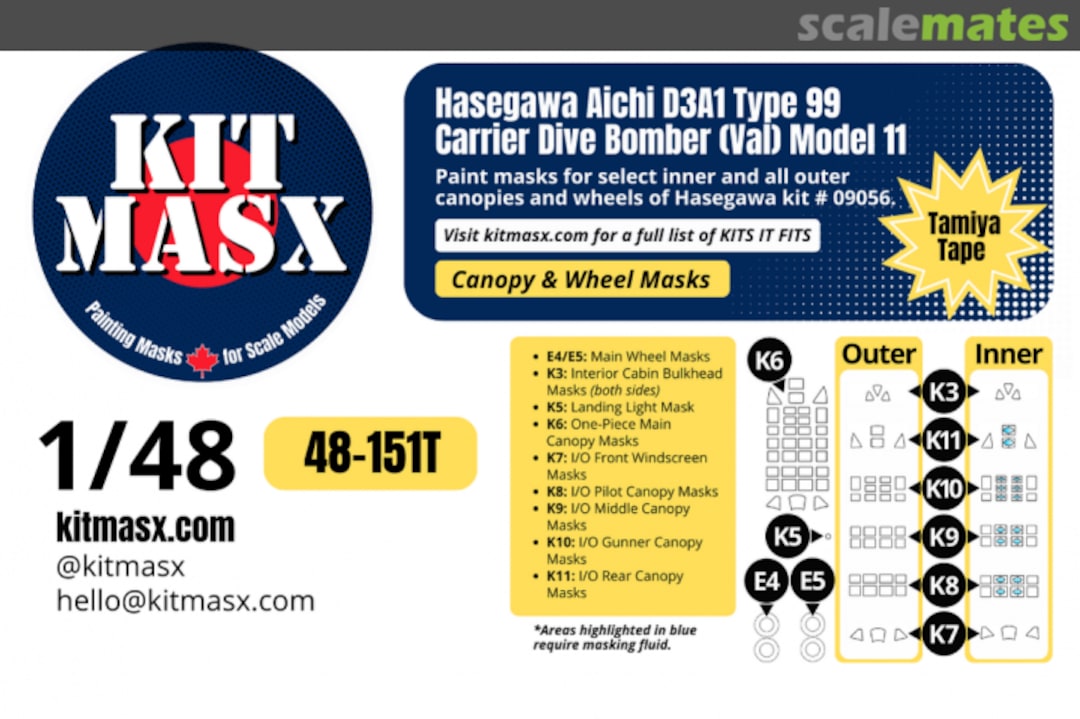 Boxart Aichi D3A1 Type 99 Carrier Dive Bomber (Val) Model 11, canopy & wheel masks 48-151T Kit Masx