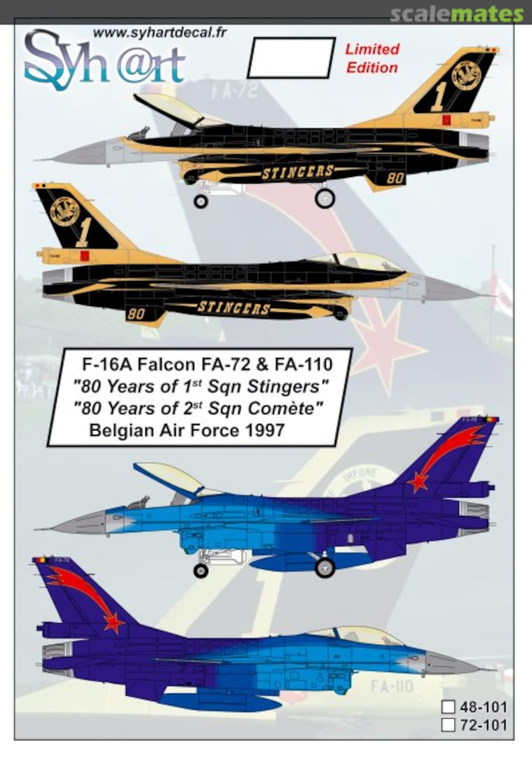 Boxart F-16A Falcon FA-72 & FA-110 "80 Years of 1st Sqn Stingers" "80 Years of 2nd Sqn Comète" Belgian Air Force 1997 72-101 Syhart