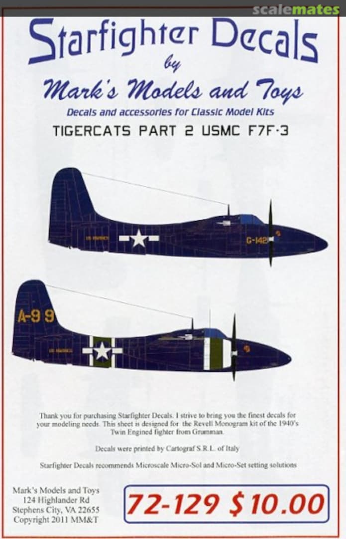 Boxart F7F-3 Tigercats 72-129 Starfighter Decals