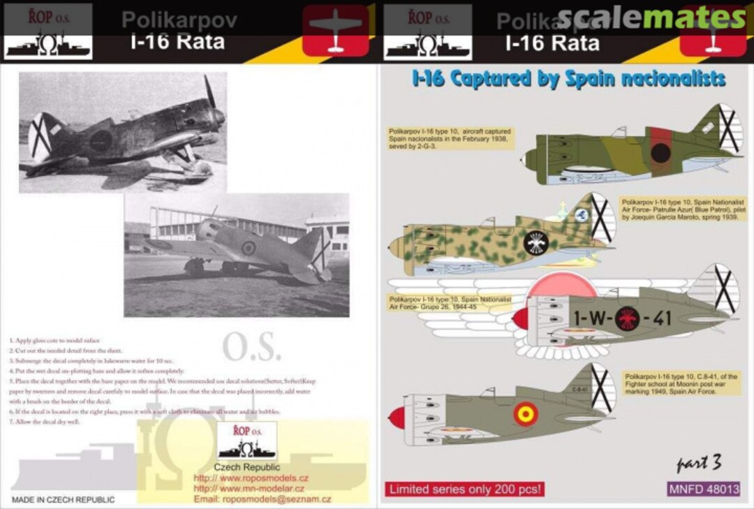 Boxart POLIKARPOV I-16 RATA - I-16 CAPTURED BY SPANISH NATIONALISTS MNFDL48013 ROP o.s.