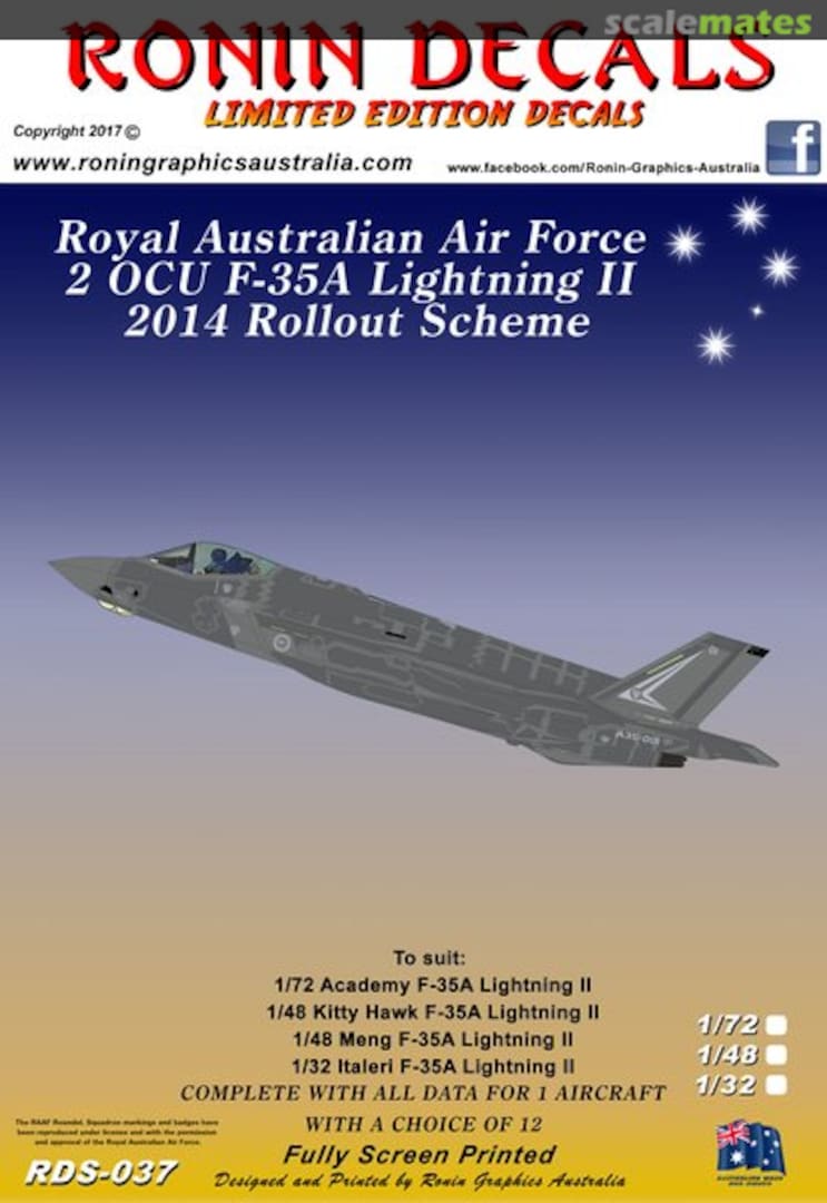 Boxart RAAF 2 OCU, F-35A Lightning II, 2014 Rollout Scheme RDS-037 Ronin Decals