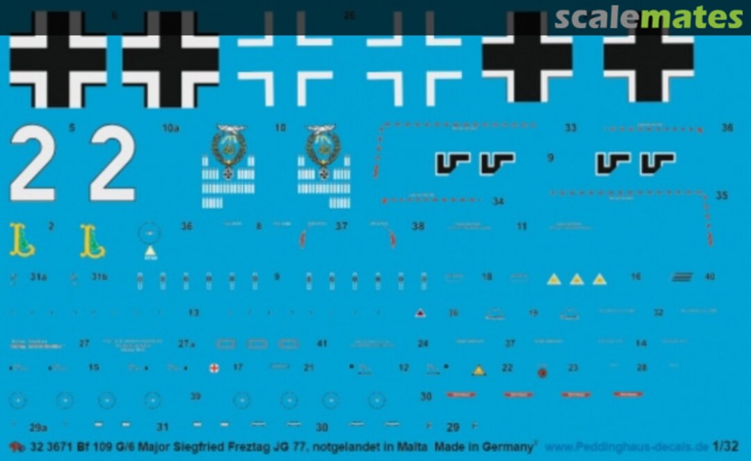 Boxart BF 109 G-2 Oberlt. Siegfried Freytag, Staffelführer 1. JG 77, 1942 Malta 32 3671 Peddinghaus-Decals