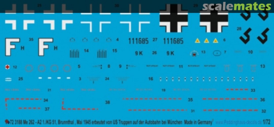 Boxart Me 262 A-2 1./KG 51 Brunnthal, Mai 1945 72 3188 Peddinghaus-Decals