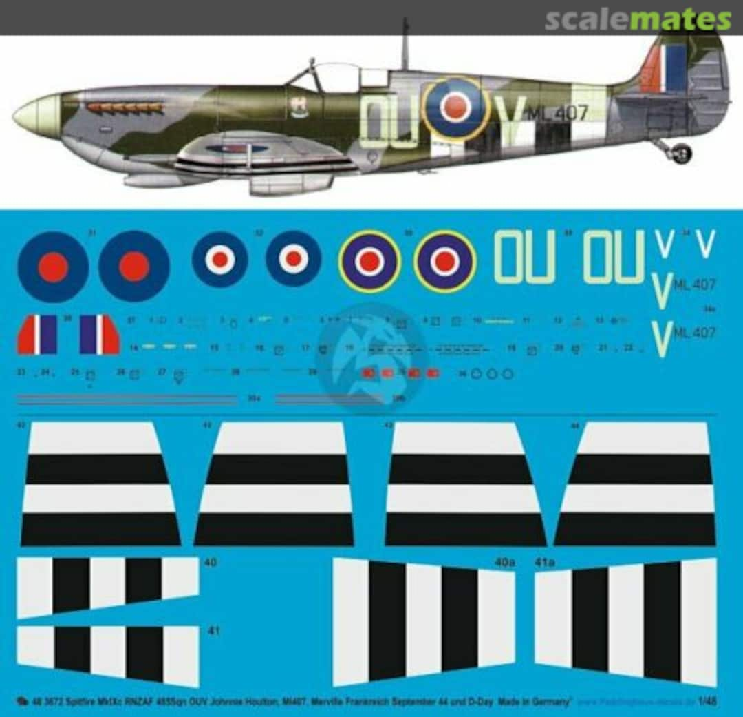 Boxart Spitfire MkIXc RNZAF 485 Sqn OUV Jonhnnie Houlten ML407 Merville, France D-Day and September 1944 48 3672 Peddinghaus-Decals