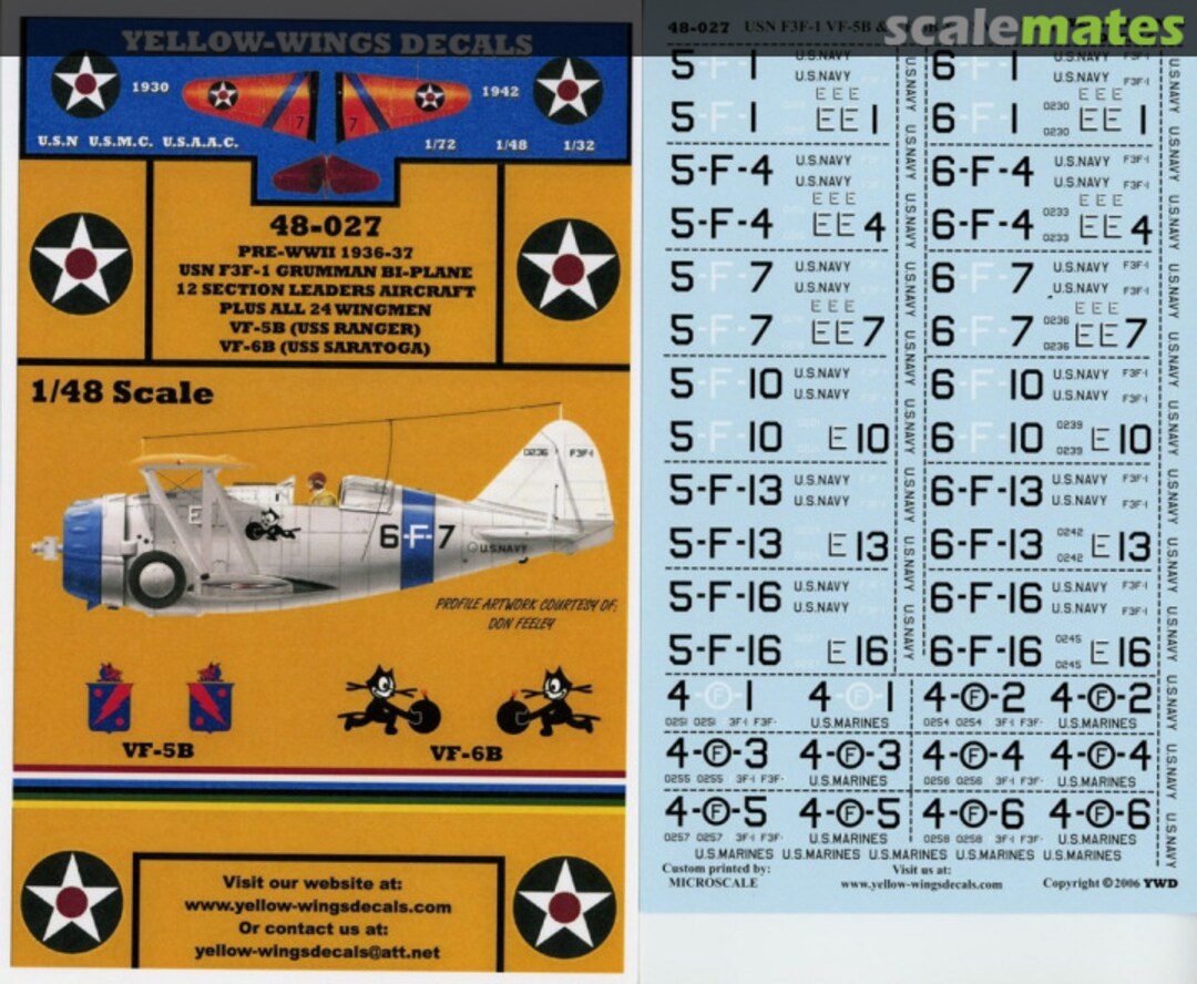 Boxart USN F3F-1 Section Leaders Aircraft VF-5B & VF-6B 48-027 Yellow-Wings Decals