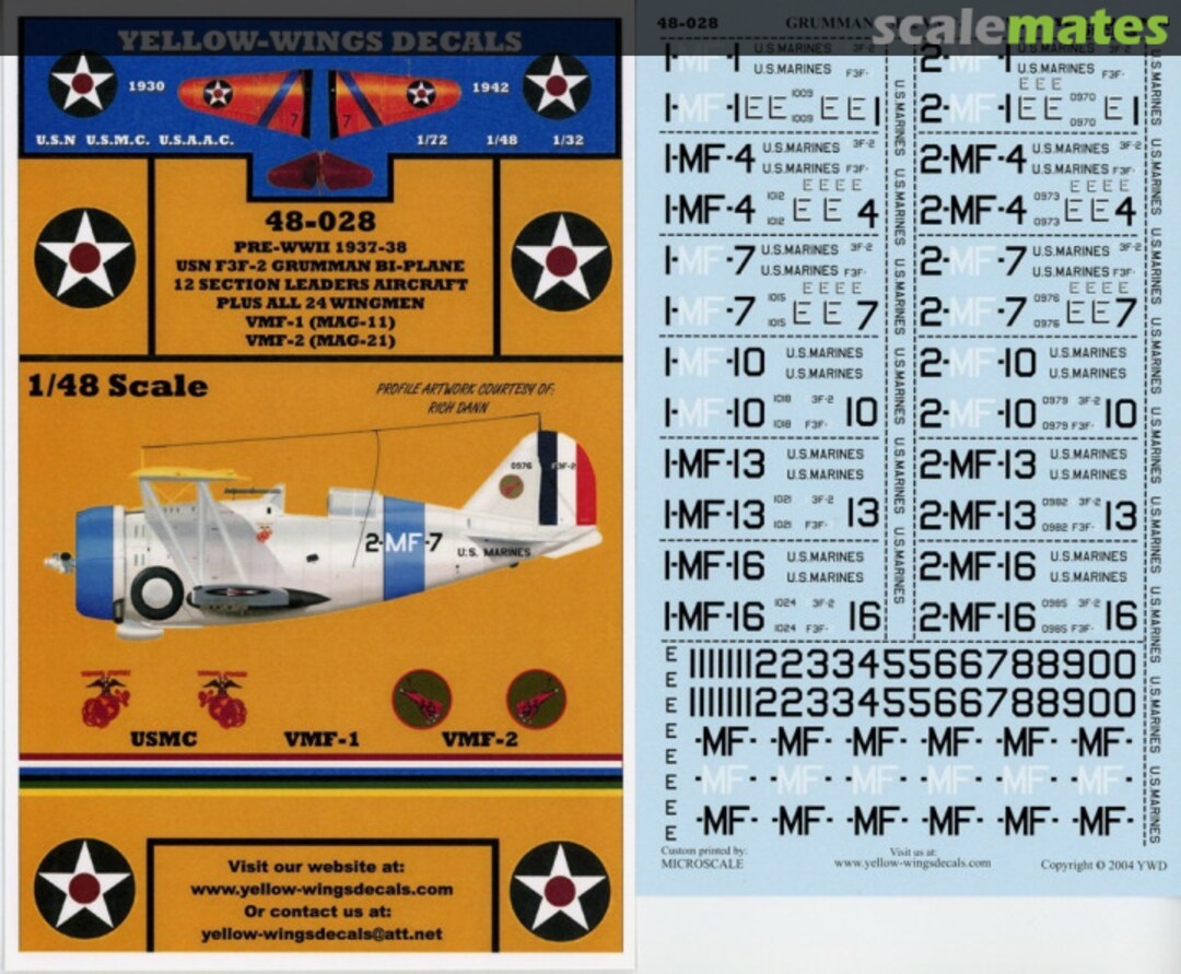 Boxart USMC F3F-2 Section Leaders Aircraft VMF-1 & VMF-2 48-028 Yellow-Wings Decals