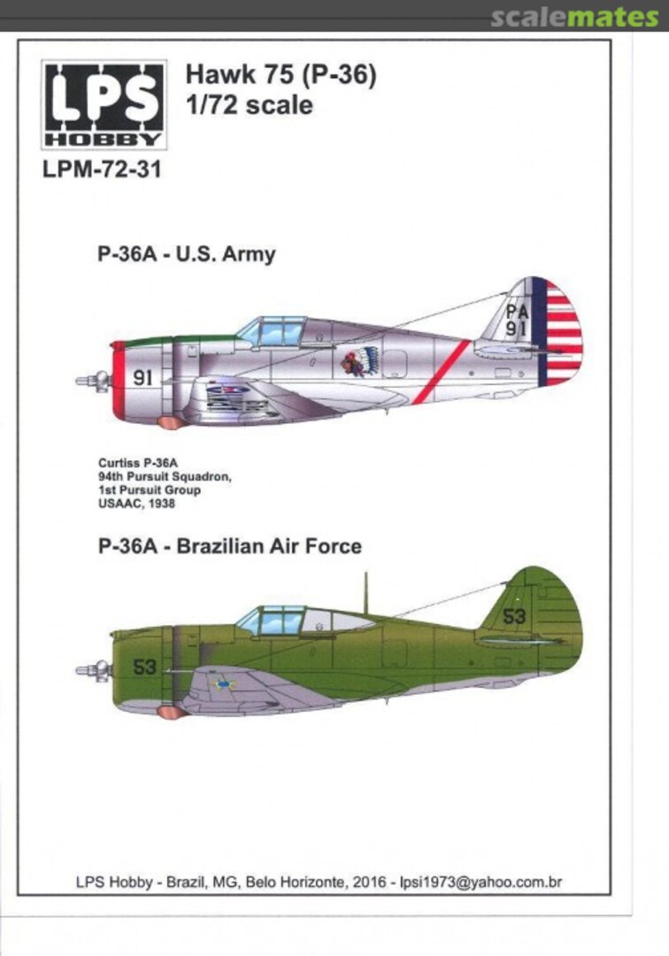 Boxart Hawk 75 (P-36) P-36A US Army / P-36A Brazilian Air Force LPM-72-31 LPS Hobby