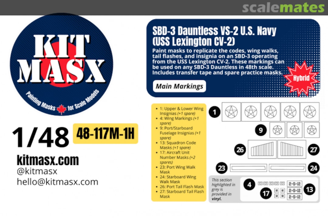 Boxart SBD-3 Dauntless VS-2 US Navy (USS Lexington CV-2), main markings masks 48-117M-1H Kit Masx