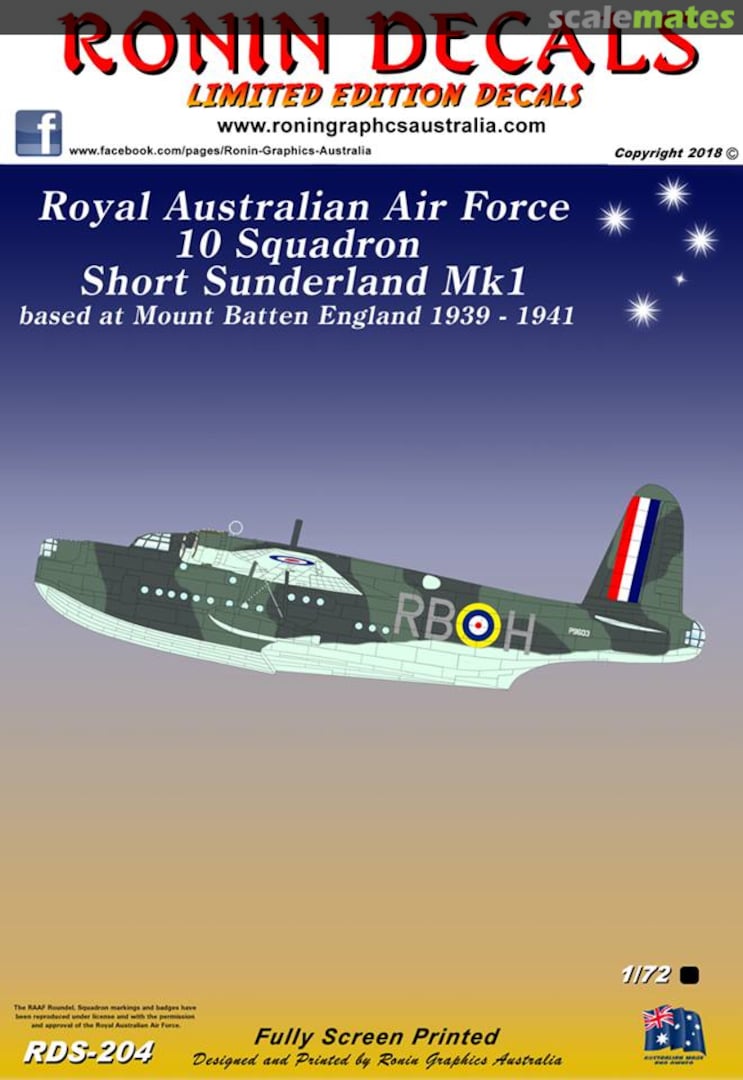 Boxart RAAF 10 Sqn. Short Sunderland Mk. I RDS-204 Ronin Decals