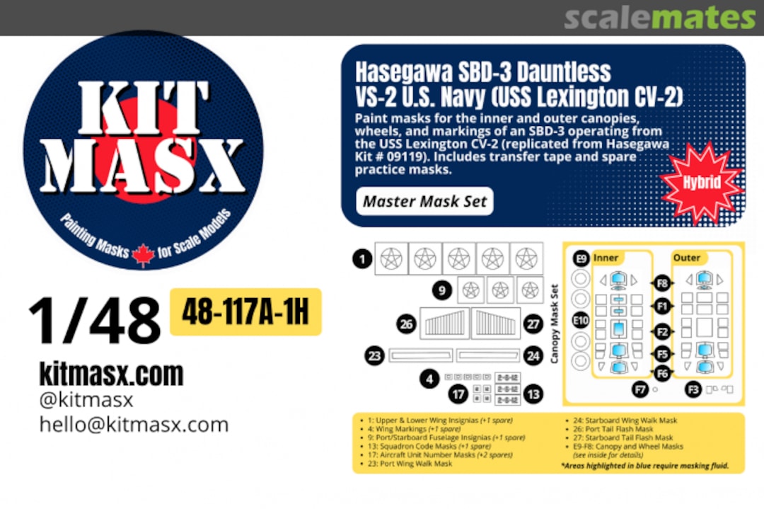 Boxart SBD-3 Dauntless VS-2 US Navy (USS Lexington CV-2), master mask set 48-117A-1H Kit Masx