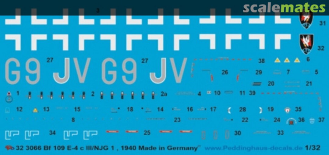 Boxart Bf 109 E-4c , III/NJG1 Deutschland 1940 32 3066 Peddinghaus-Decals