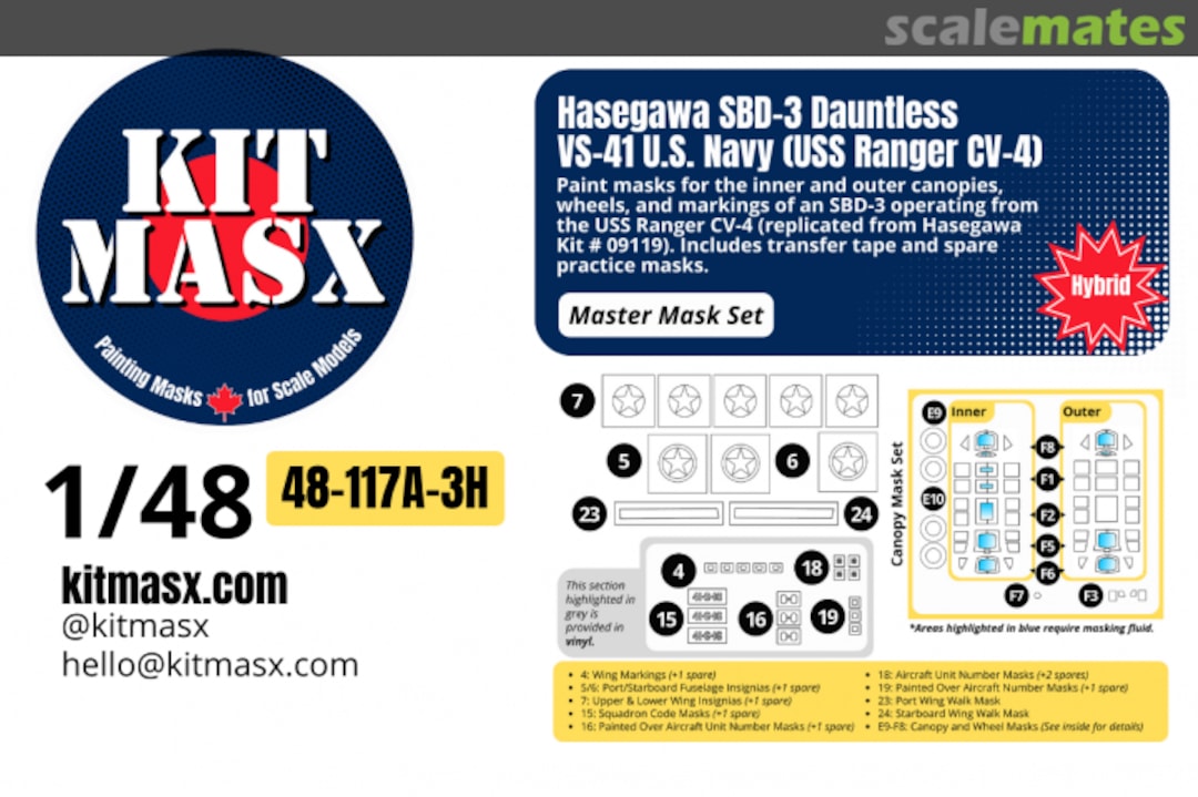 Boxart SBD-3 Dauntless VS-41 US Navy (USS Ranger CV-4), master mask set 48-117A-3H Kit Masx