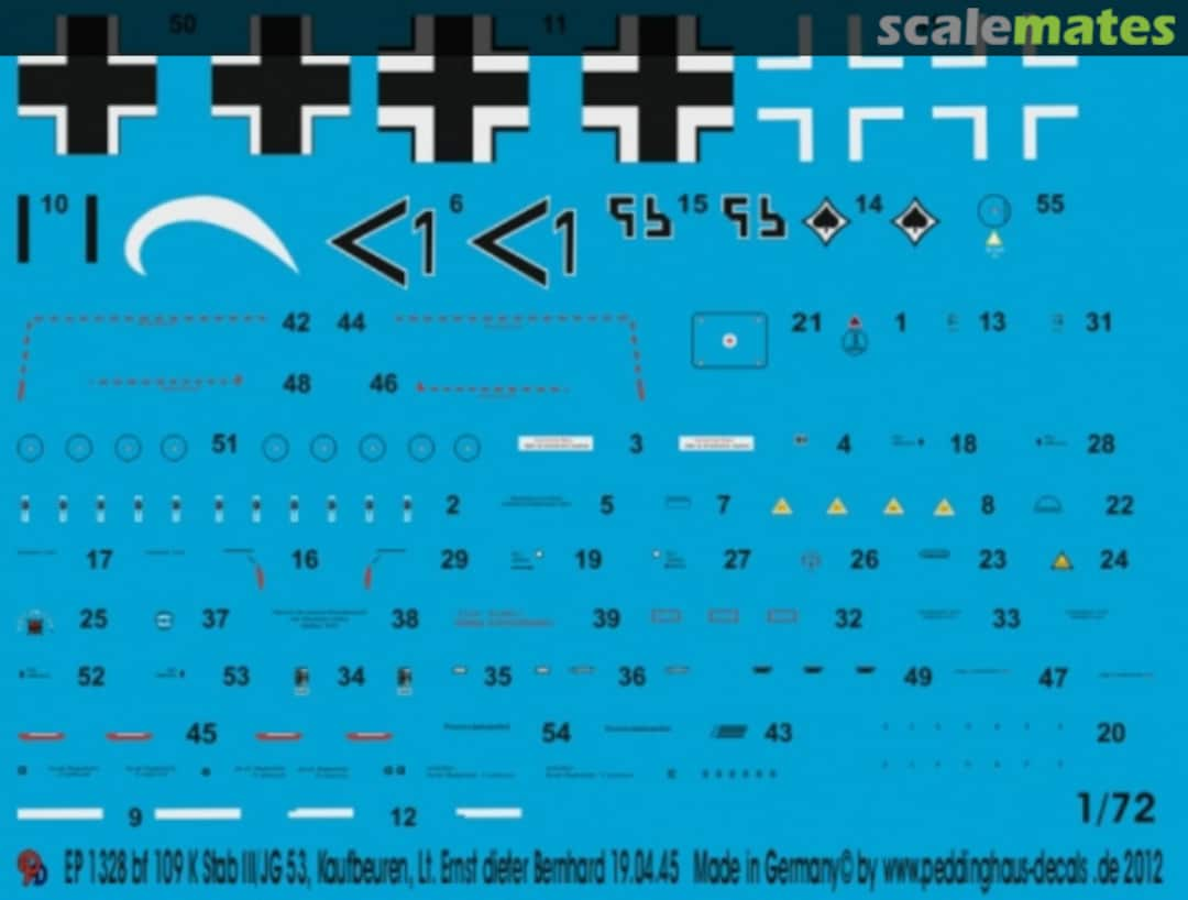 Boxart BF 109 K Stab III./JG 53 Kaufbeuren Lt. Ernst Dieter Bernhard 19.4.45 EP 1328 Peddinghaus-Decals