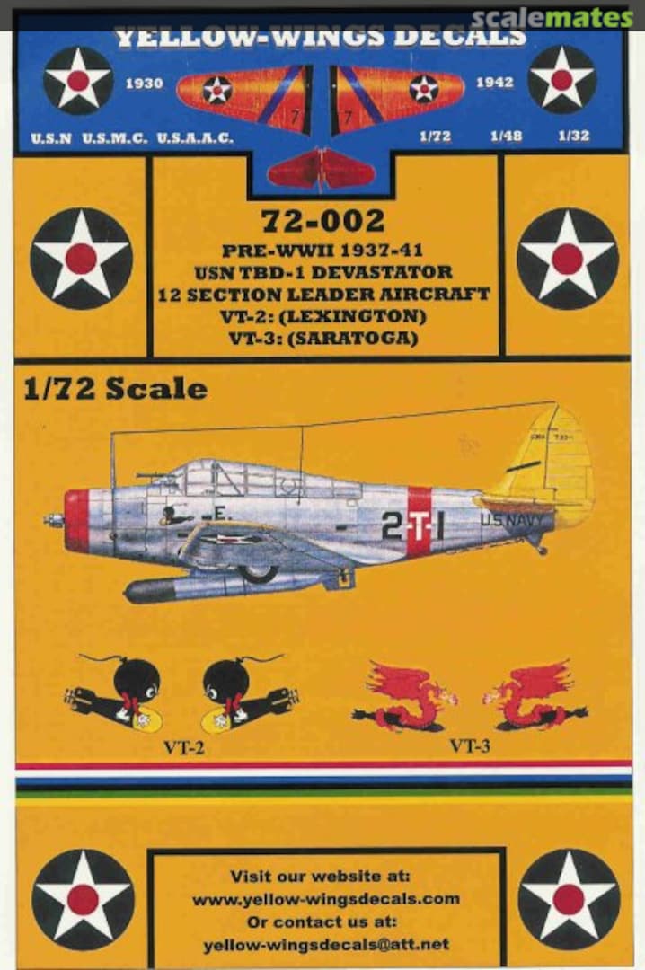 Boxart Pre-WWII 1937-41 USN TBD-1 Devastator 72-002 Yellow-Wings Decals