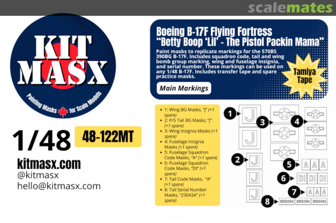 Boxart Boeing B17F Flying Fortress 'Betty Boop Lil-The Pistol Packing Mama', main markings masks 48-122MT Kit Masx