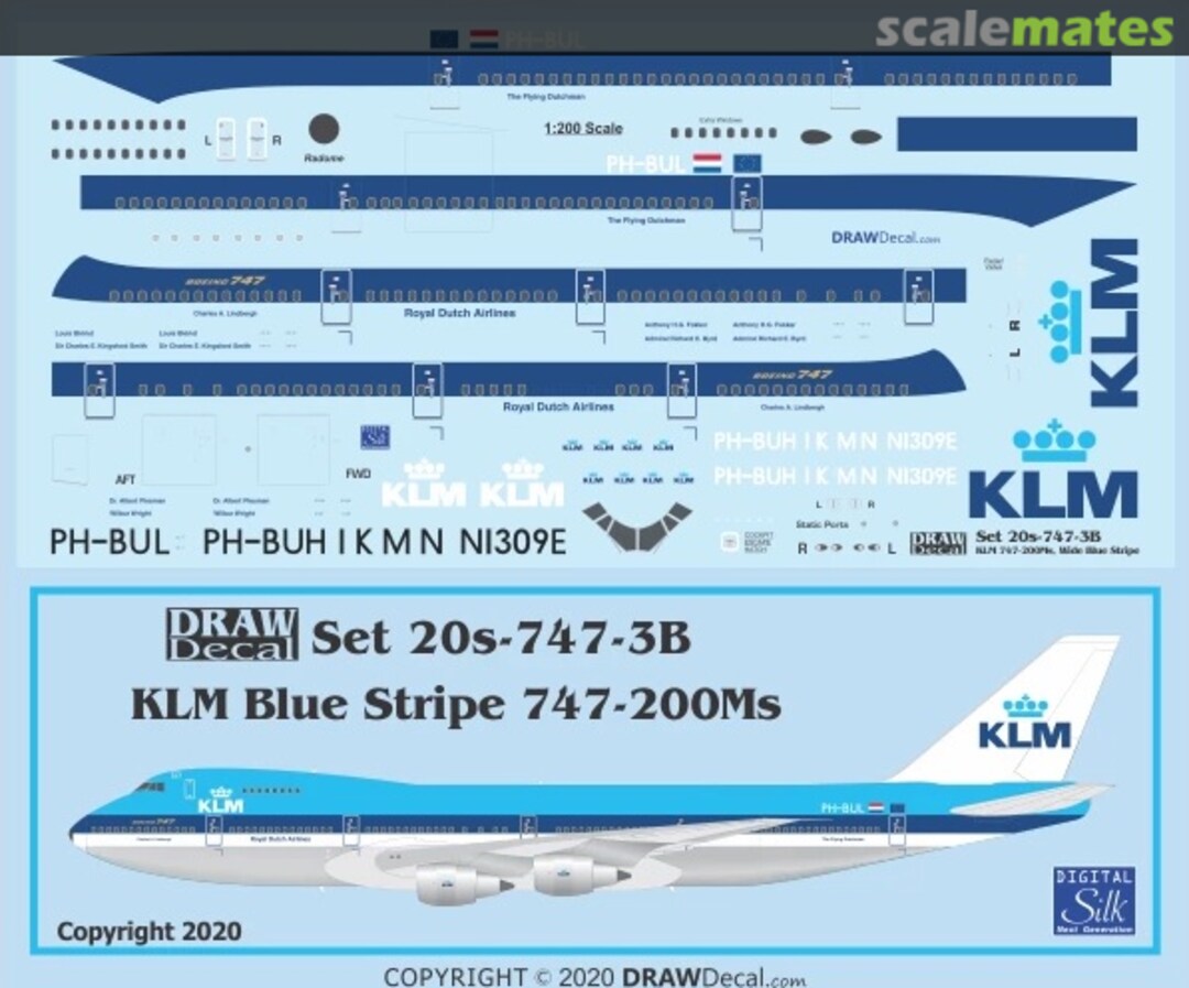 Boxart KLM Wide Blue Stripe 747-200Ms 20-747-3B Draw Decal