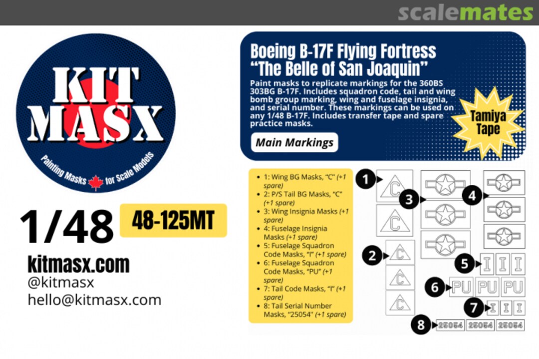 Boxart Boeing B17F Flying Fortress 'The Belle of San Joaquin', main markings masks 48-125MT Kit Masx