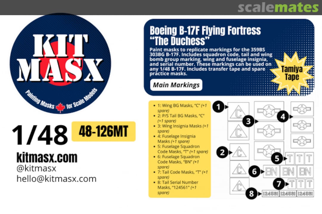 Boxart Boeing B17F Flying Fortress 'The Duchess', main markings masks 48-126MT Kit Masx