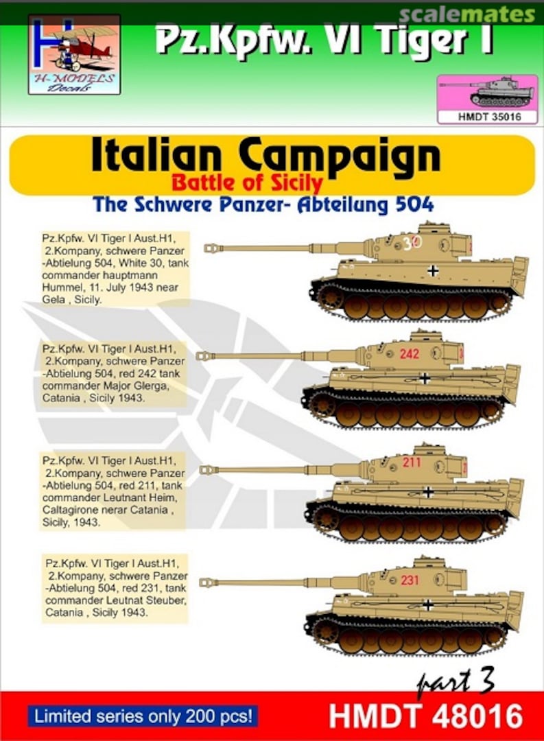 Boxart Pz.Kpfw. VI Tiger I Italian Campaign Battle of Sicily pt. 3 HMT48016 H-Models Decals