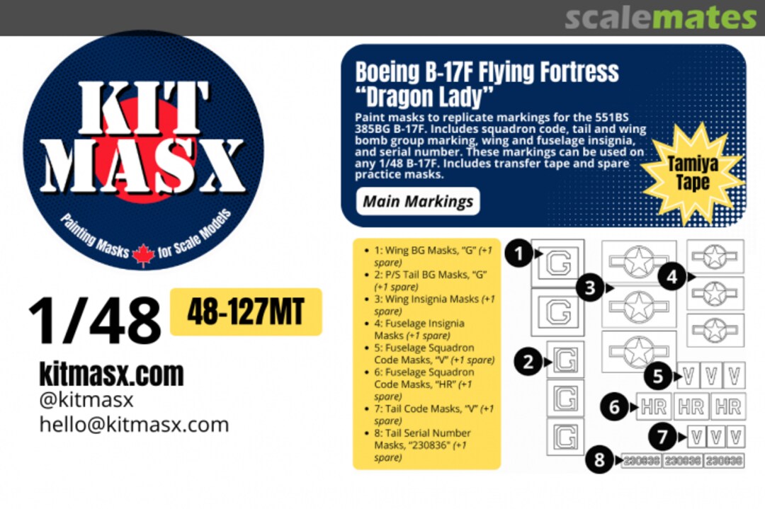 Boxart Boeing B17F Flying Fortress 'Dragon Lady', main markings masks 48-127MT Kit Masx