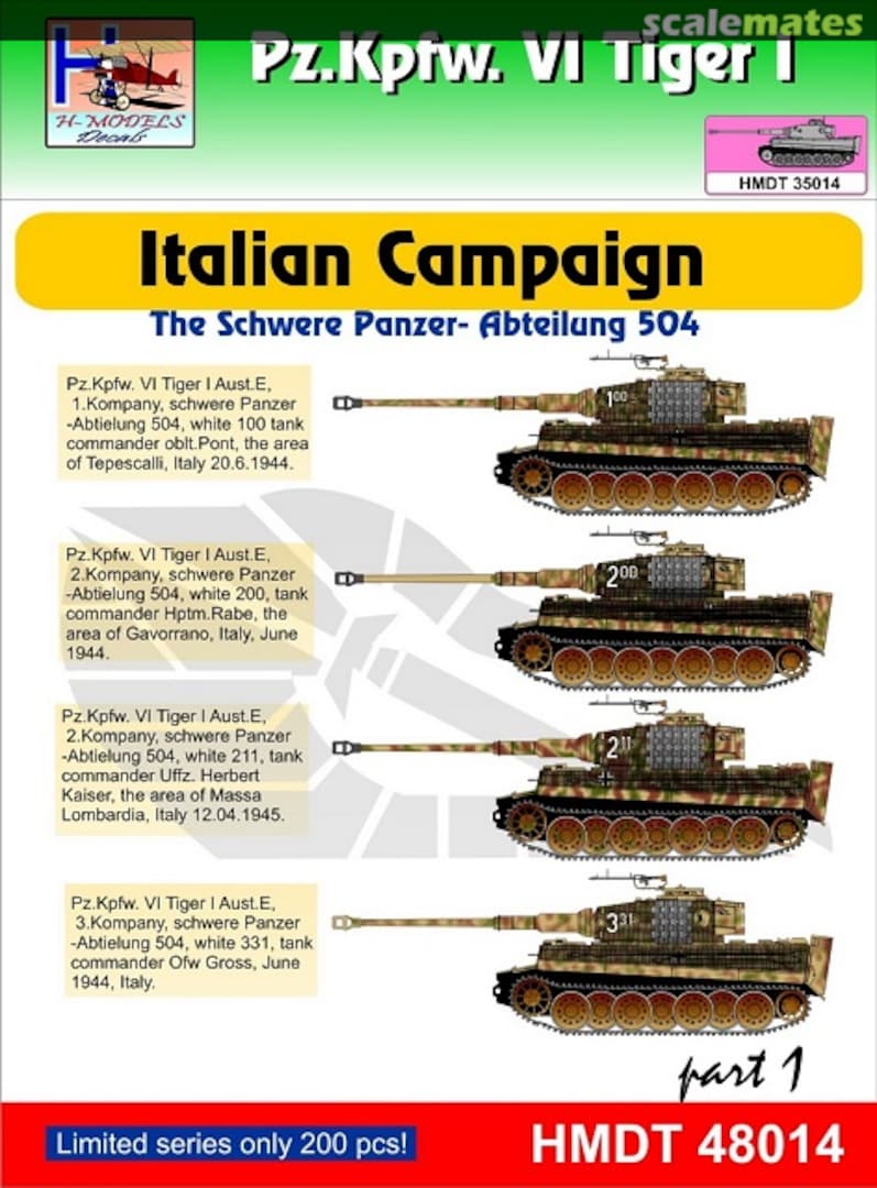 Boxart Pz.Kpfw.VI Tiger I Italian Campaign pt. 1 HMT48014 H-Models Decals