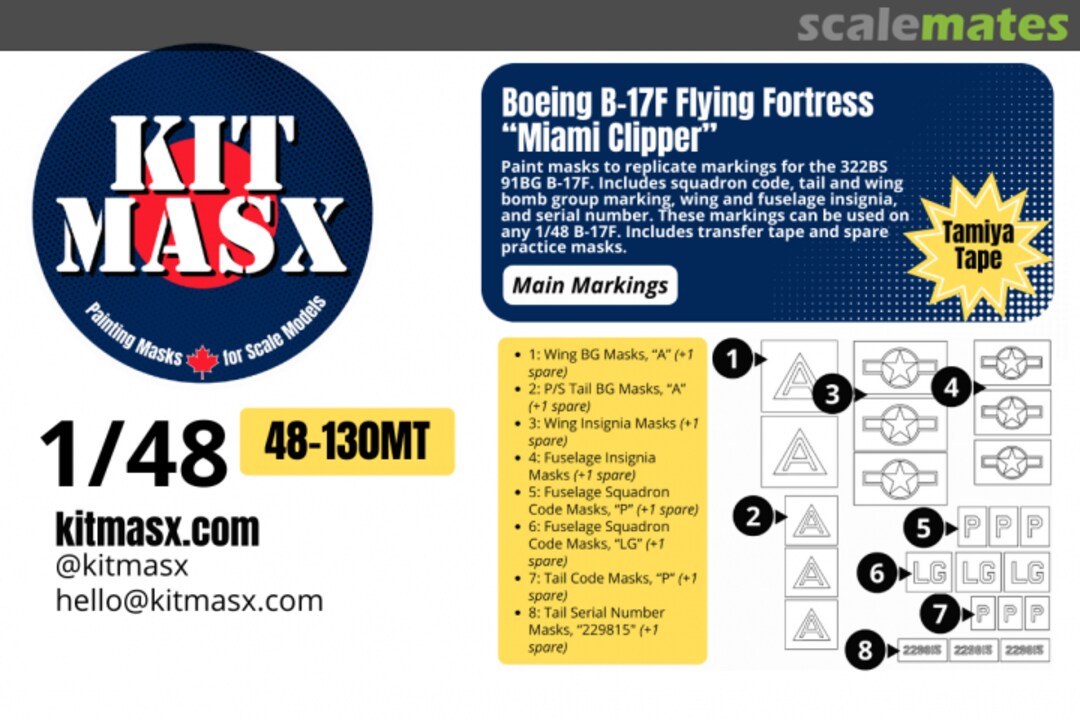 Boxart Boeing B17F Flying Fortress 'Miami Clipper', main markings masks 48-130MT Kit Masx