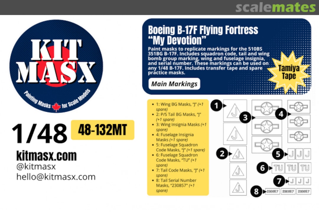 Boxart Boeing B17F Flying Fortress 'My Devotion', main markings masks 48-132MT Kit Masx