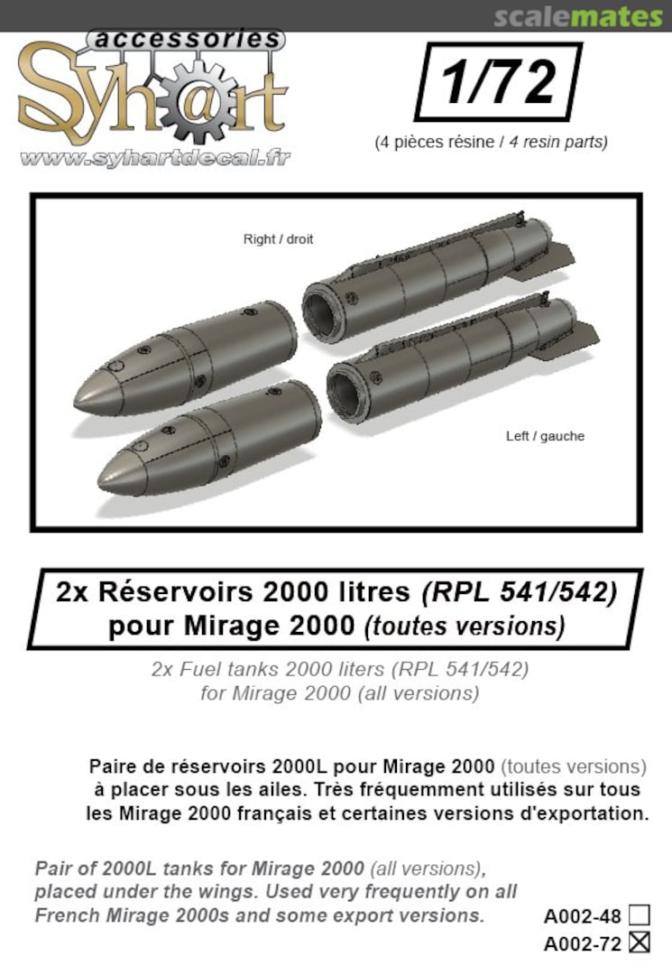 Boxart 2x Fuel tanks 2000 liters (RPL 541/542) for Mirage 2000 (all versions) A002-72 Syhart