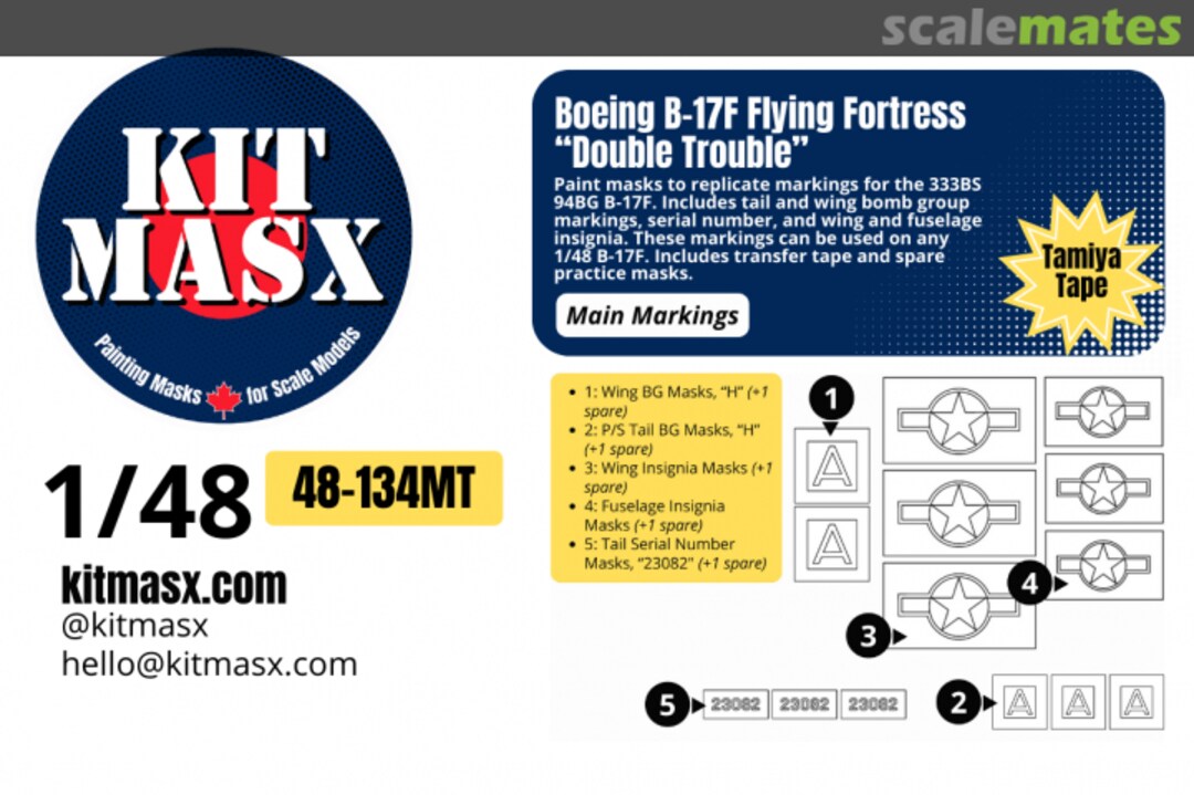 Boxart Boeing B17F Flying Fortress 'Double Trouble', main markings masks 48-134MT Kit Masx