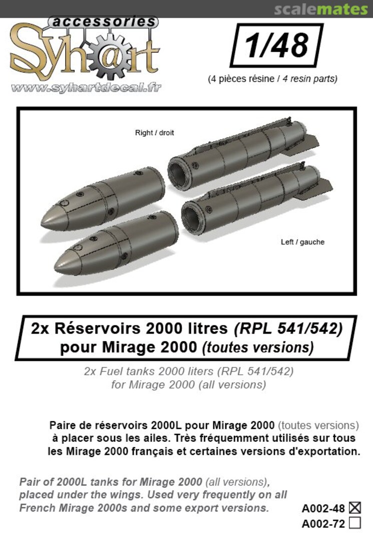 Boxart 2x Fuel tanks 2000 liters (RPL 541/542) for Mirage 2000 (all versions) A002-48 Syhart