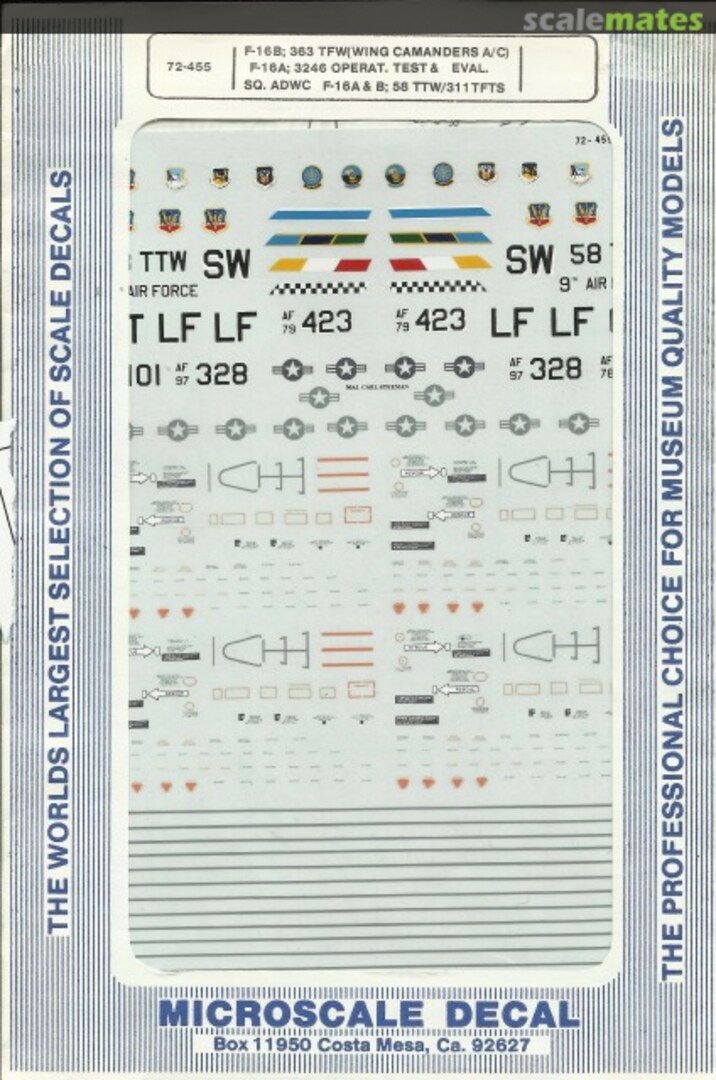 Boxart F-16B; 363 TFW(Wing Cmdrs A/C), F-16A; 3246 Ops. Test & Eval. Sqdn. ADWC, F-16A & B; 58 TTW/311 FTS 72-455 Microscale