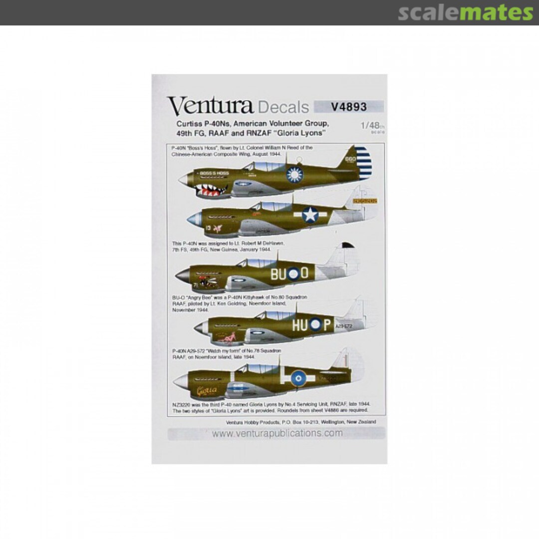 Boxart Curtiss P-40Ns, AVG, 49th FG, RAAF and RNZAF V4893 Ventura