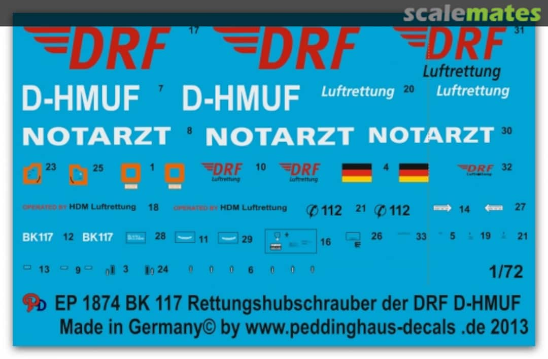 Boxart BK 117 Rescue Helicopter with New DRF Logo D-HMUF EP 1874 Peddinghaus-Decals