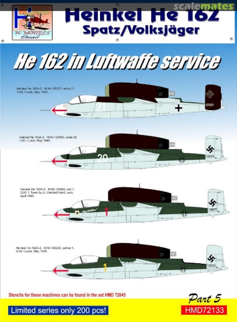 Boxart Heinkel He 162 Spatz/Volksjager He 162 in Luftwaffe Service HMD72133 H-Models Decals