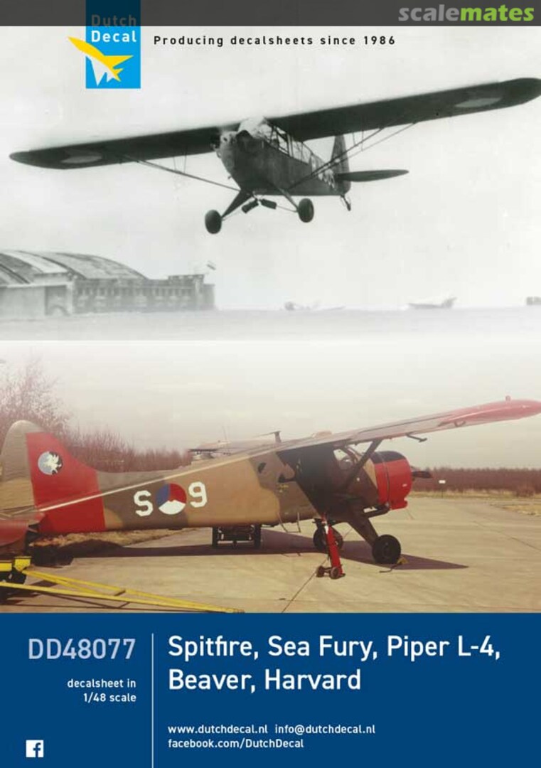 Boxart Piper L-4, DHC Beaver KLu/Kroonduif, AT-16 Harvard KLu, Sea Fury MLD, Spitfire LSK, Bf 108 ML-KNIL DD48077 Dutch Decal