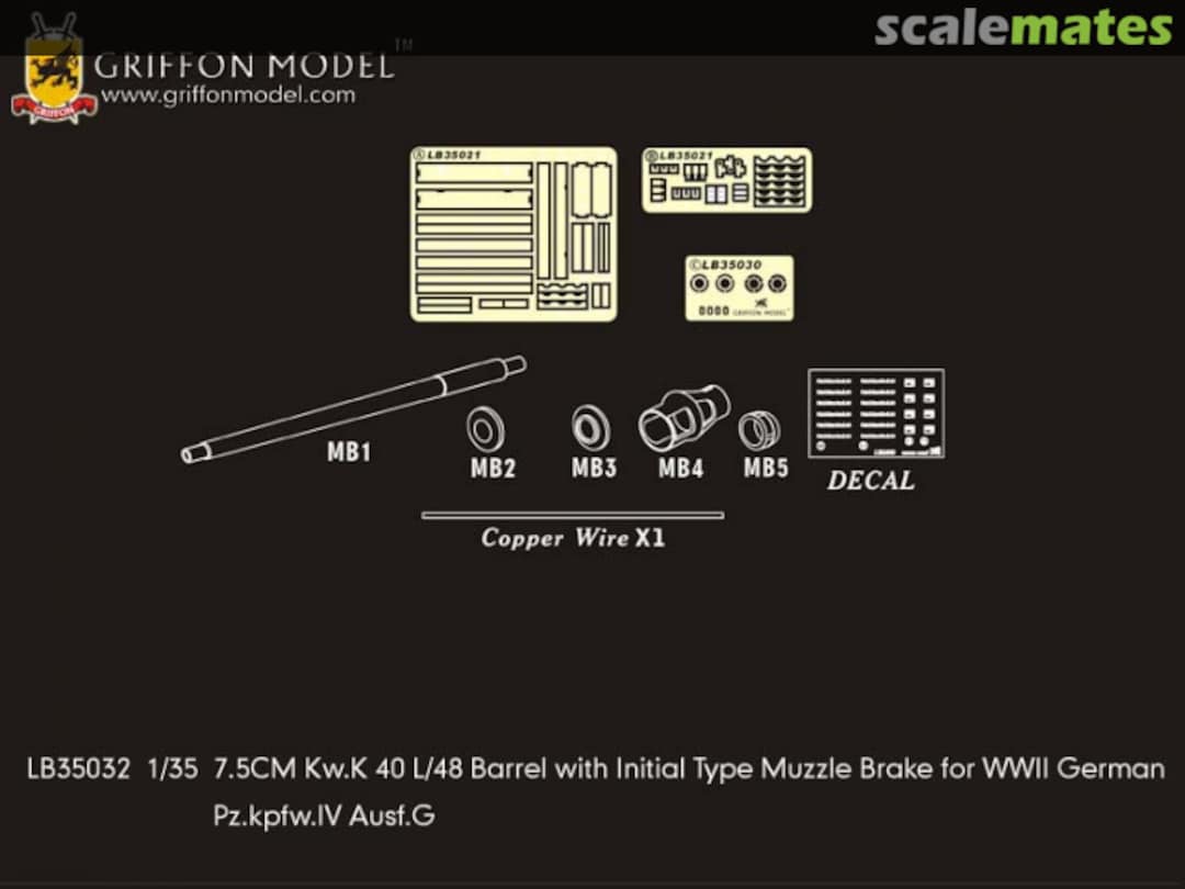 Boxart 7.5cm Kw.K 40 L/48 Barrel with Initial Type Muzzle Brake for WWII German Pz.kpfw.IV Ausf.G LB35032 Griffon Model