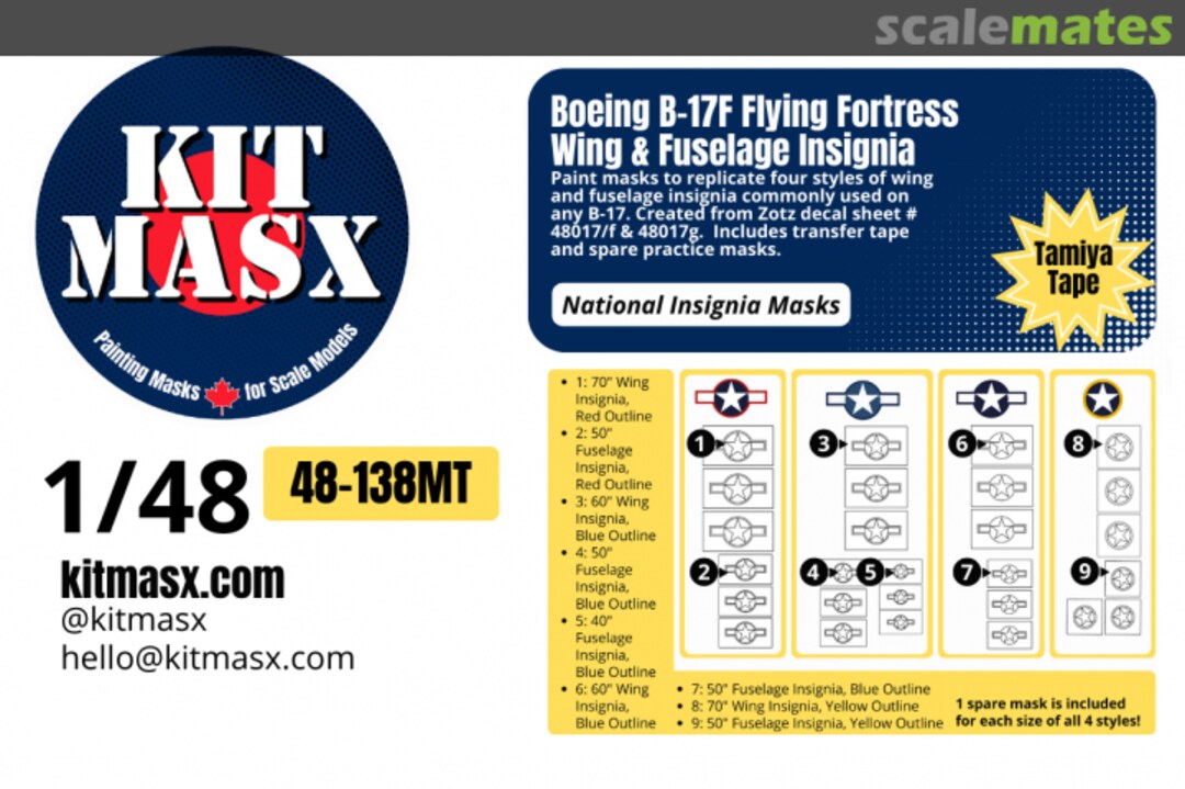 Boxart Boeing B17F Flying Fortress Wing & Fuselage Insignia, national insignia masks 48-138MT Kit Masx