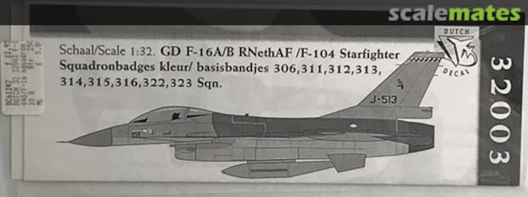 Boxart GD F-16A/B RNethAF/ F-104 Starfighter Squadronbadges kleur/ basisbandjes 306, 311, 312, 313, 314, 315, 316, 322, 323 Sqn. 32003 Dutch Decal