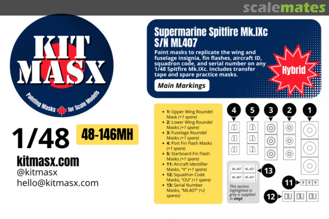 Boxart Supermaine Spitfire Mk.IXc (incl. serial no. ML407), main marking masks 48-146MH Kit Masx